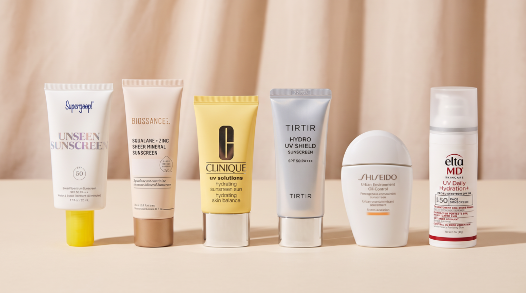 Six sunscreens with no white cast for dry, mature skin, flat lay