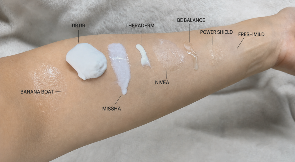eight sunscreen products in seven formats swatched on arm
