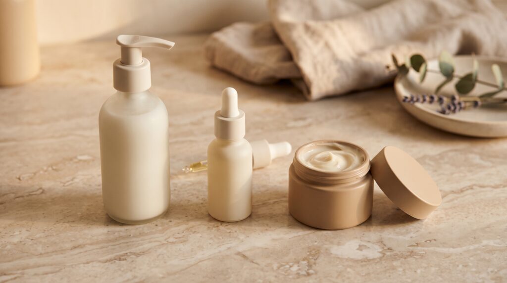 Evening skincare routine steps for menopausal skin: cleanser, treatment, moisturizer