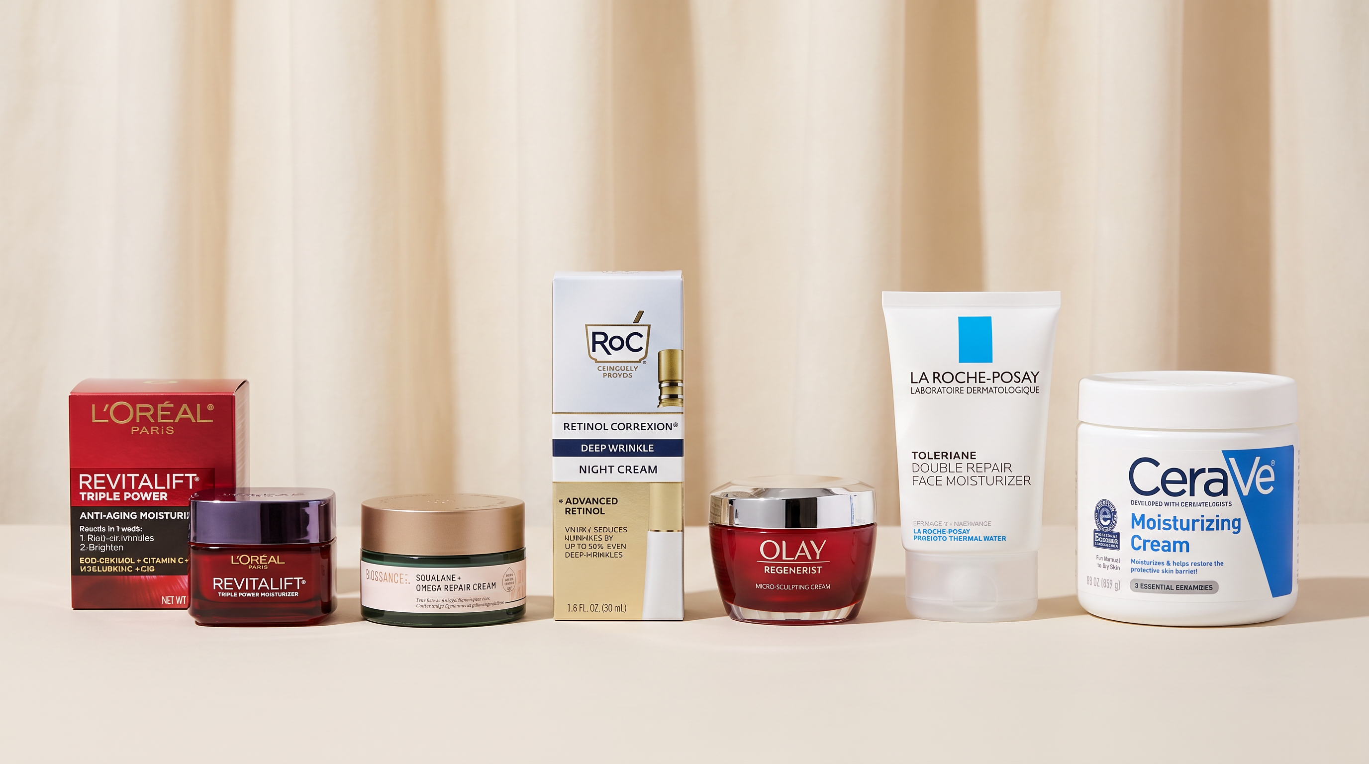 Six moisturizers for dry mature skin over 40, flat lay