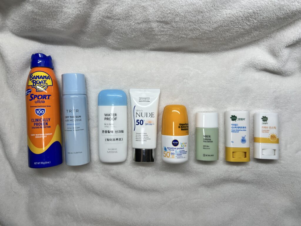 eight sunscreen products in seven different formats
