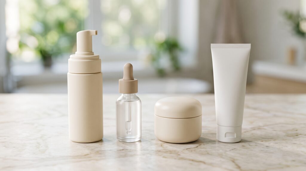 Morning skincare routine steps for menopausal skin: cleanser, serum, moisturizer, SPF