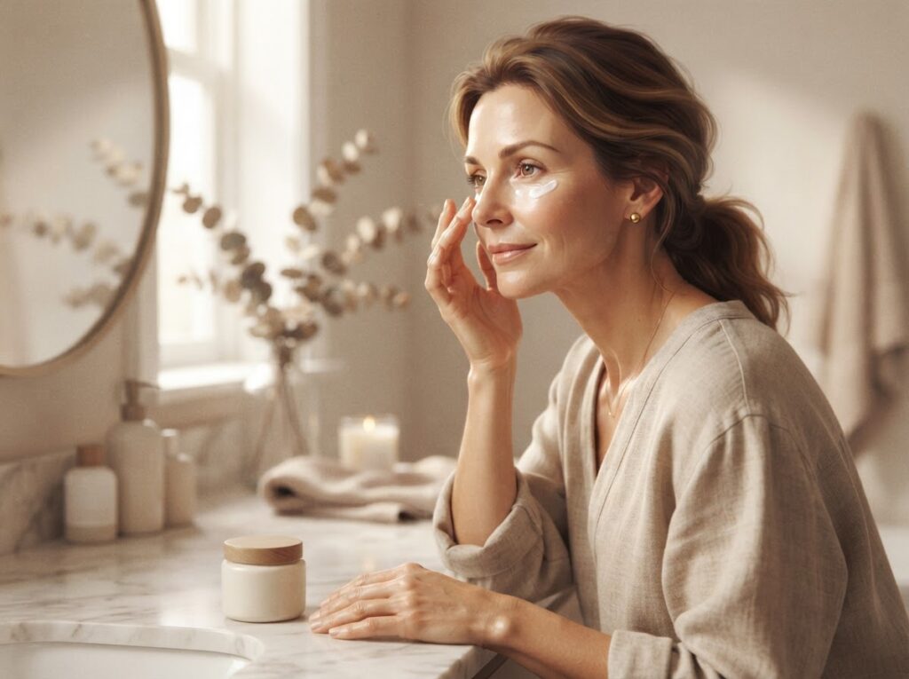 applying gentle eye cream to sensitive mature skin