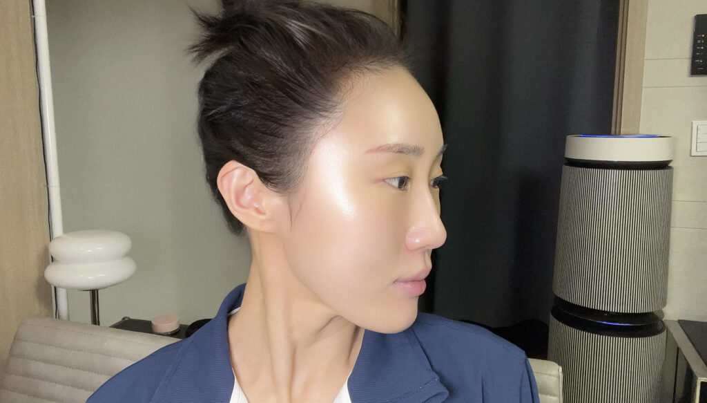 Luminous skin after Theraderm Silky Nude SPF 50+ shown from side angle