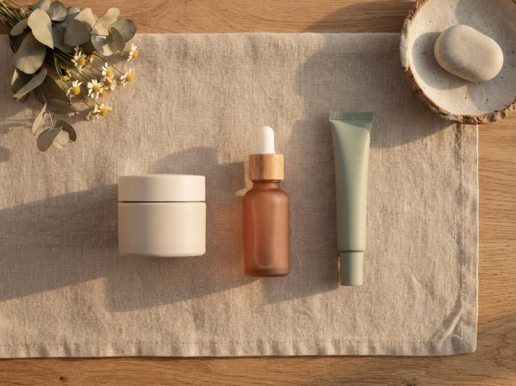 sensitive skin nighttime skincare routine layout"