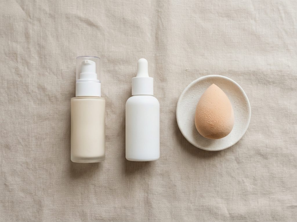 Products used to prevent foundation from settling into fine lines: primer, foundation, and makeup sponge