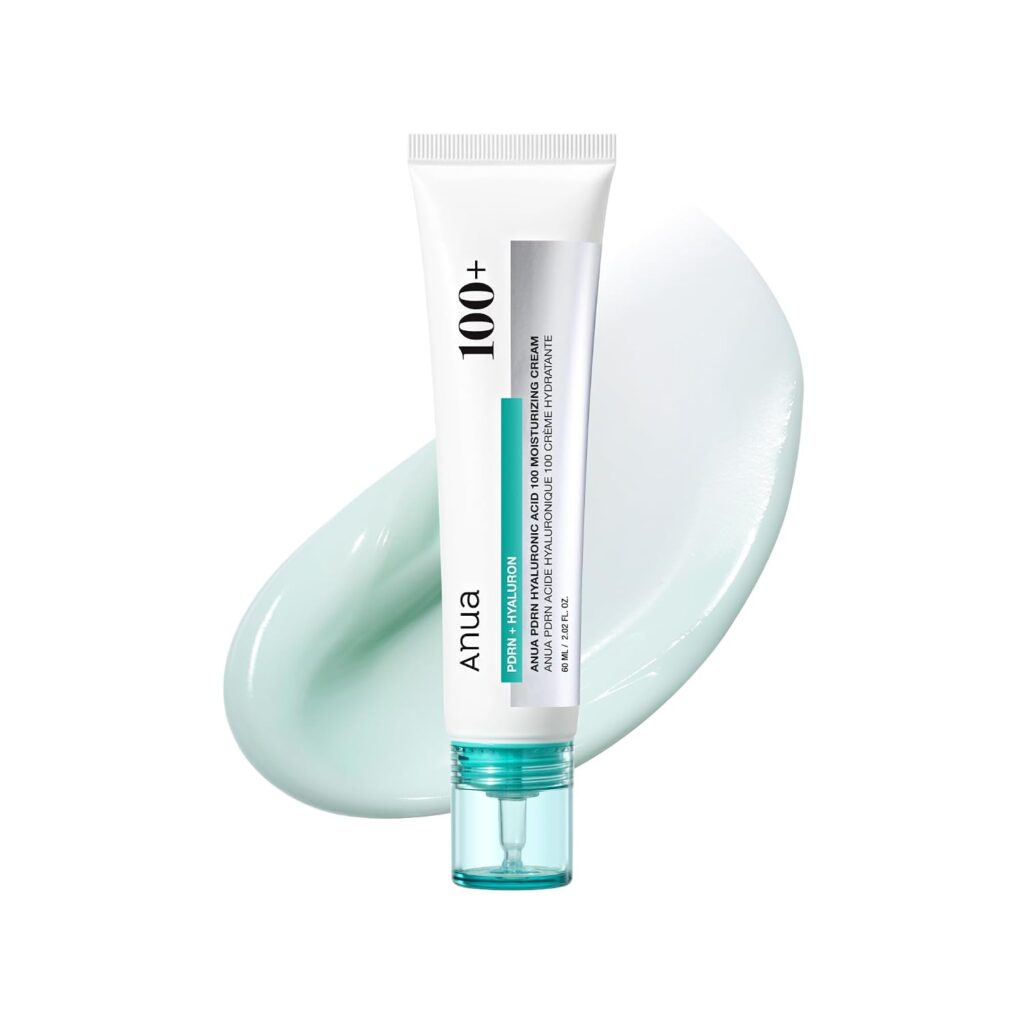 Anua PDRN Hyaluronic Acid 100 Moisturizing Cream tube with mint-toned texture swatch."
